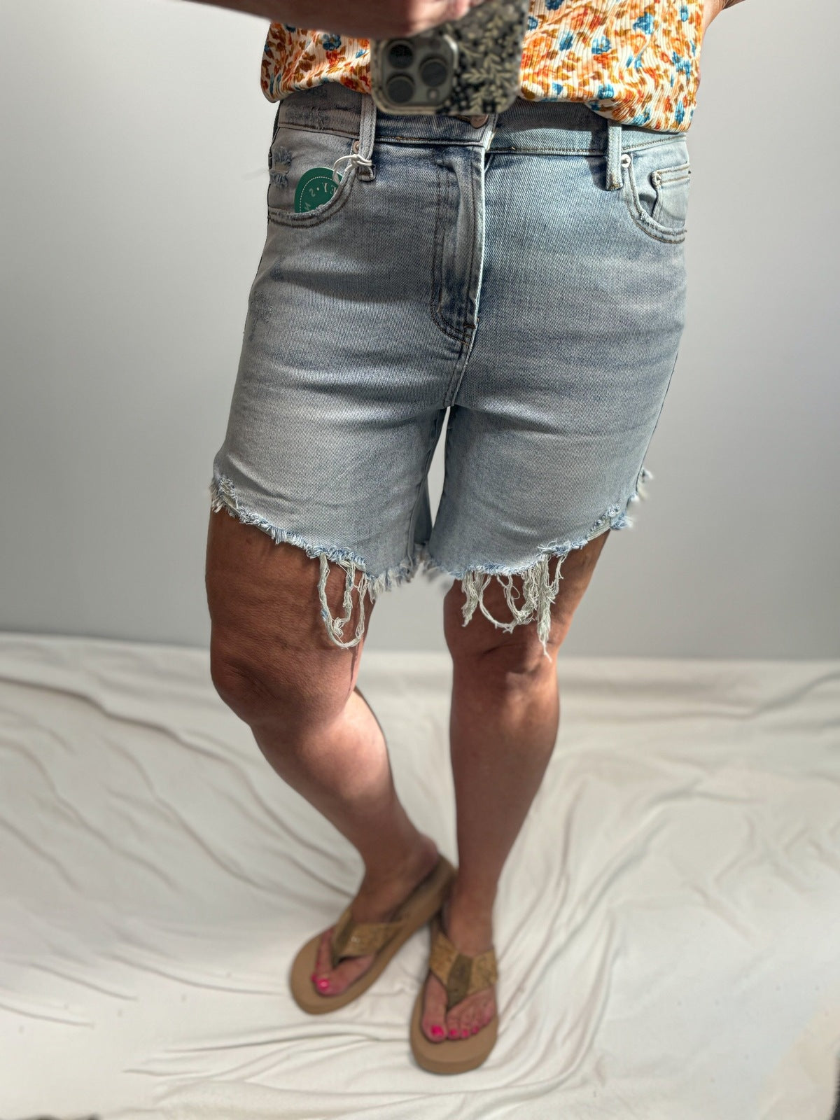 Dylan Lightwashed Frayed Hem Shorts. Need measurements