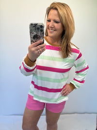 Mimi Multi-color Striped Bell Sleeve Top in Hot Pink