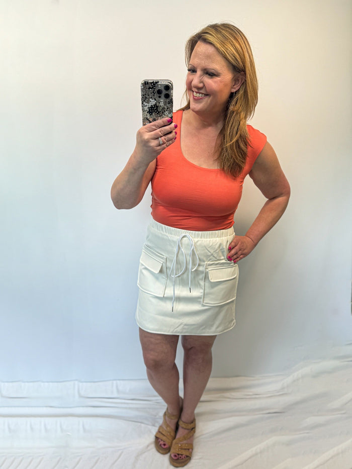 Campbell Cargo Vegan Leather Mini Skirt in Pearl White or Powder Blue