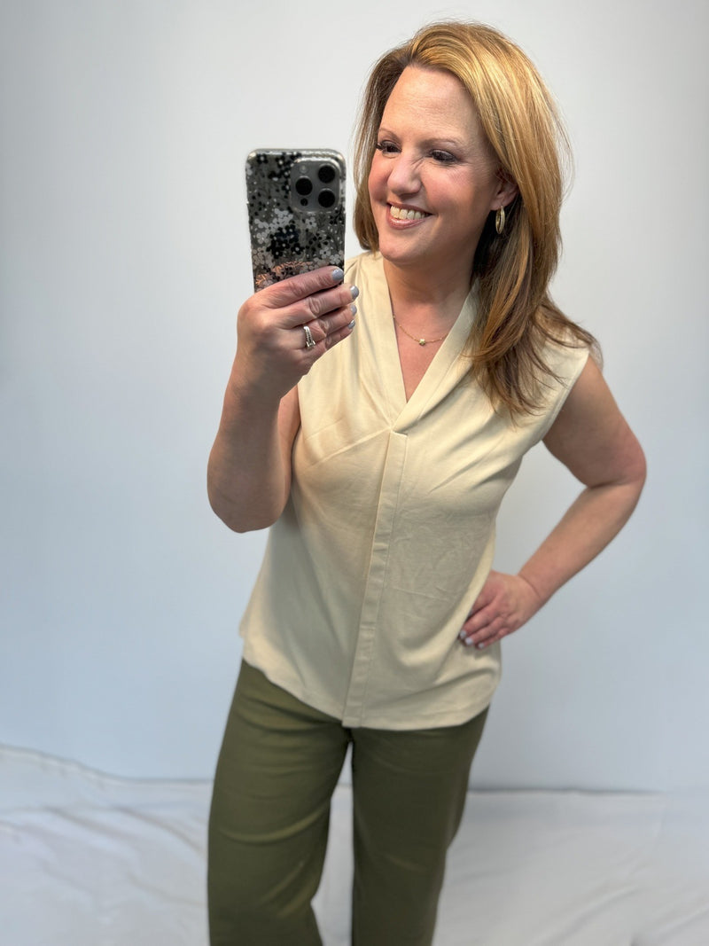 Everly Pintucked V-Neck Top in Stone