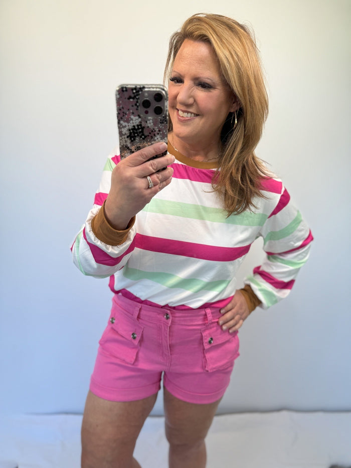 Mimi Multi-color Striped Bell Sleeve Top in Hot Pink