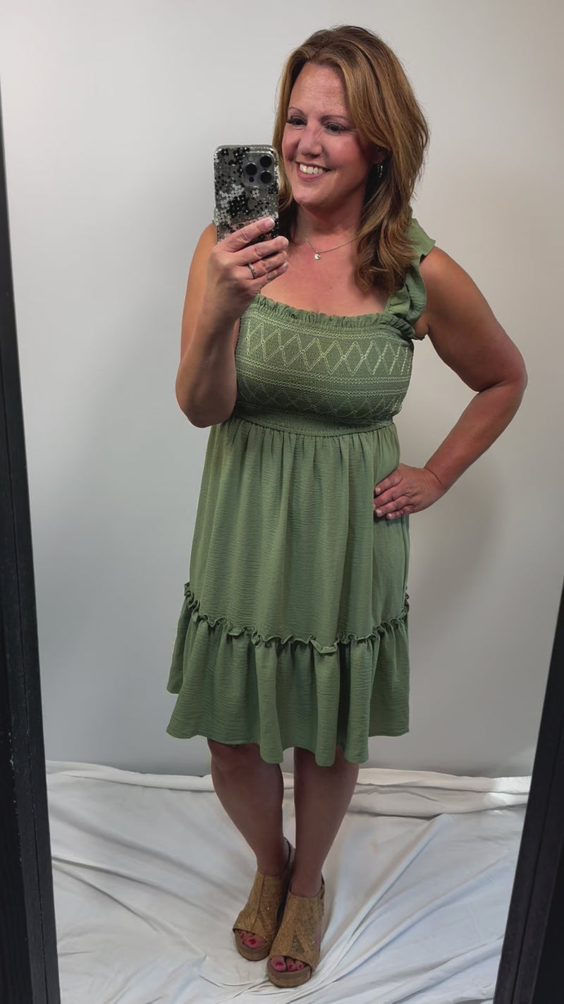 Marissa Smocked Dress with Flutter Sleeves in Olive